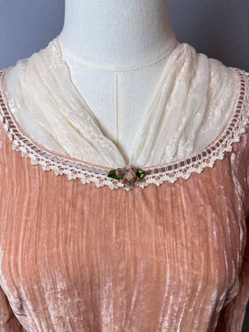 Pink Regency Era Dress with Satin Belt - Long Sleeves Velvet Dress with Lace - Regency Dress Plus Size